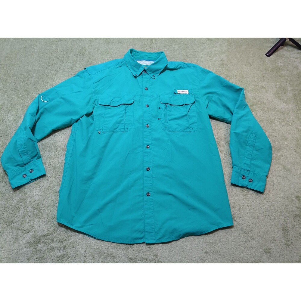 Magellan Outdoors Fish Gear Shirt Mens L Teal Angler Fit Long Sleeve Fishing Ven